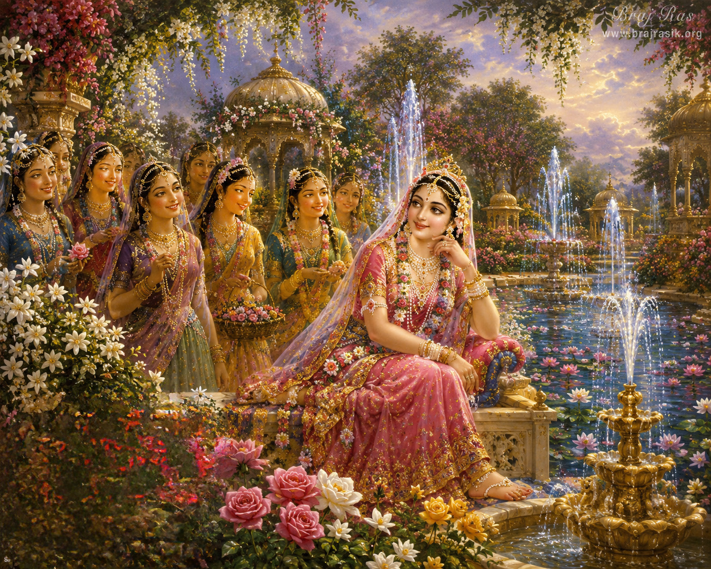वृंदावन के हरे-भरे उद्यानों में फव्वारों से घिरे कमल के ताल (पोखर) के पास बैठी श्री राधा रानी को दर्शाती है, जिनके साथ उनकी प्रमुख सहचरियाँ अष्ट-सखियाँ (उनकी आठ मुख्य गोपी सखियाँ) उपस्थित हैं।