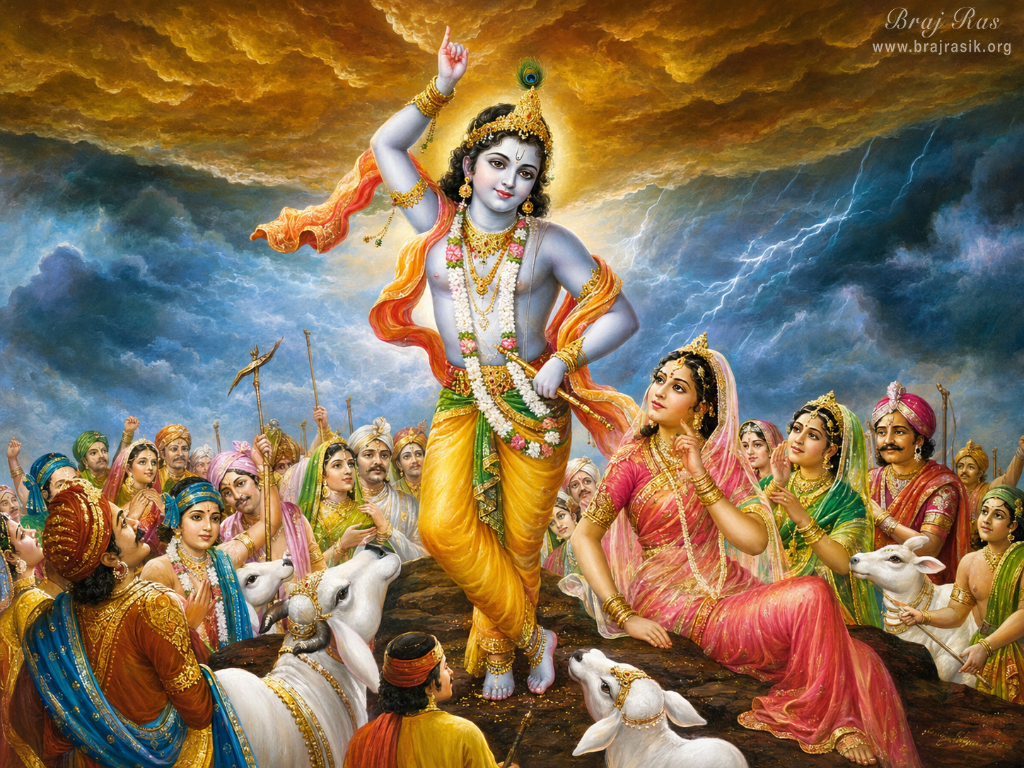 श्री कृष्ण ब्रज के ग्रामीणों और गौओं को मूसलाधार तूफान से बचाने के लिए अपनी उंगली पर गोवर्धन पर्वत उठाते हैं, जबकि श्री राधा रानी प्रेममयी भक्ति भाव से ऊपर उनकी ओर निहार रही हैं।