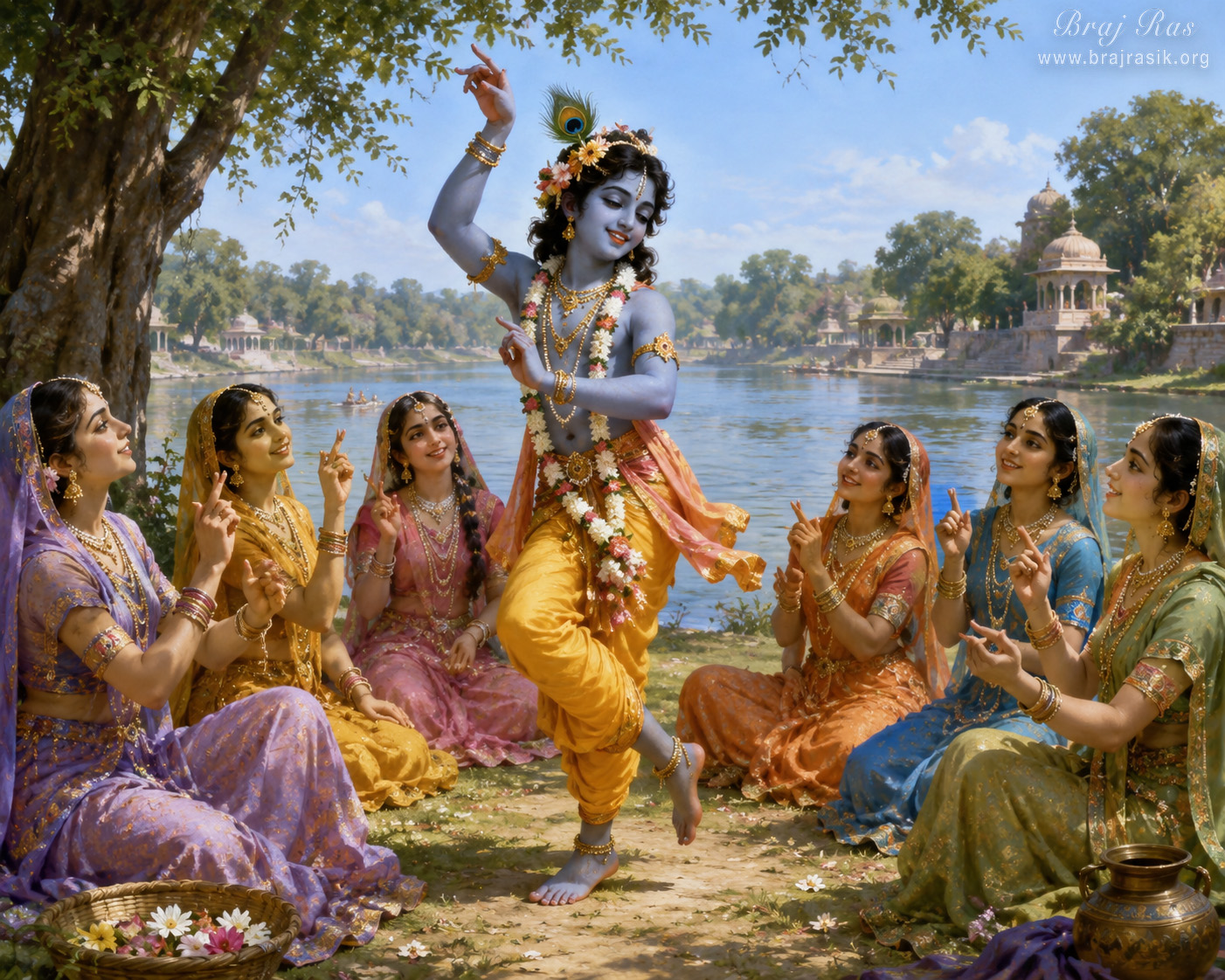 श्री कृष्ण यमुना नदी के तट पर शालीनता से नृत्य कर रहे हैं, जबकि गोपियाँ उनके चारों ओर घेरा बनाकर बैठी हैं और विशुद्ध प्रशंसा तथा प्रेम भाव से निहारते हुए अपने हाथों से ताल दे रही हैं।