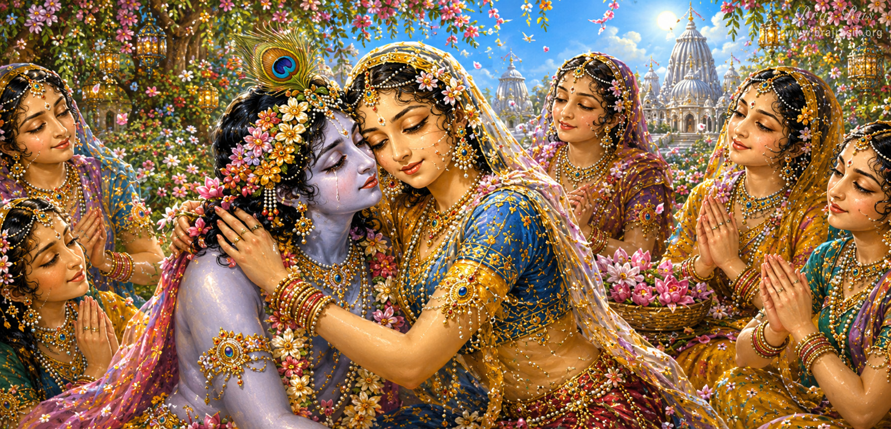 Shri Krishn rests tenderly in the gentle embrace of Shri Radha amidst the fragrant, blooming groves of Vrindavan, while the gopis gather in a loving circle around them, folding their hands and watching the divine couple in pure, breathless admiration.