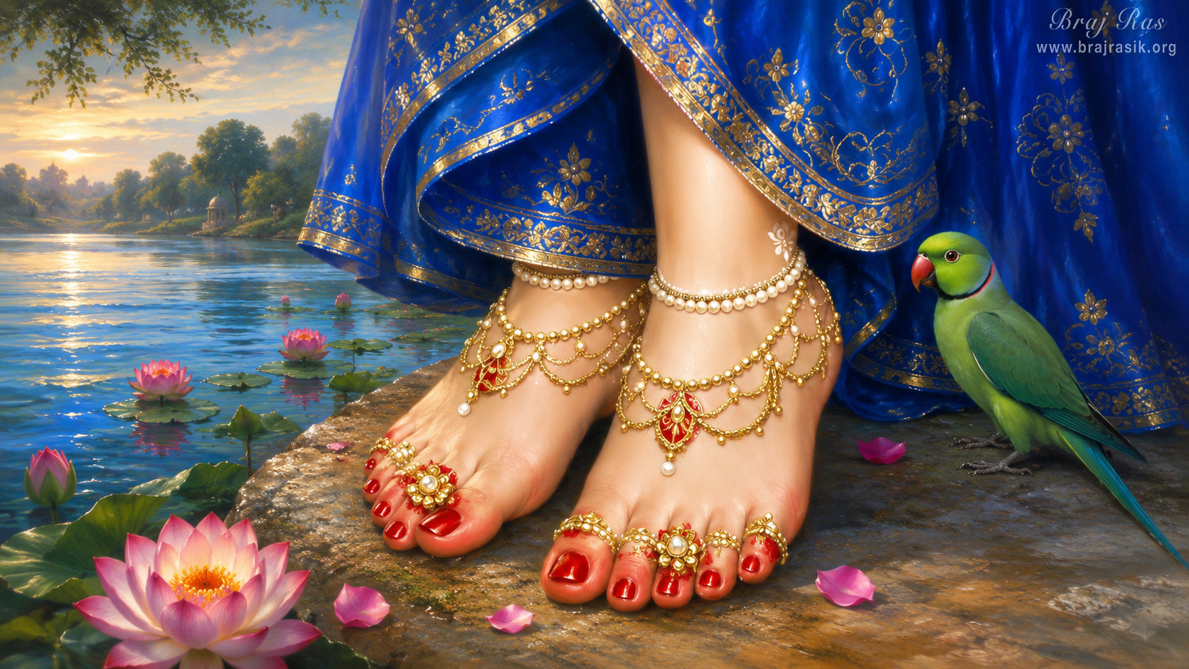 Shri Radha's lotus feet, adorned with exquisite golden anklets, toe rings, and bright red alta, rest gracefully on the quiet banks of the Yamuna as a green parrot perches nearby in gentle devotion, surrounded by blooming lotus flowers and scattered rose petals in the soft glow of dawn.