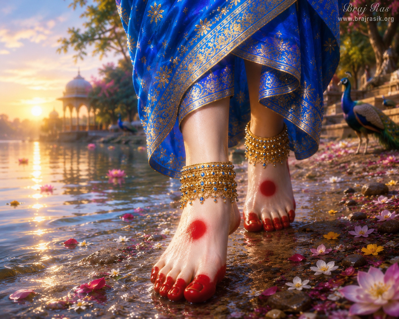Shri Radha steps gracefully along the sacred shoreline of the Yamuna, her lotus feet decorated with ornate golden anklets and brilliant red alta, as peacocks look on amidst scattered blossoms bathed in the warm, golden light of sunrise.