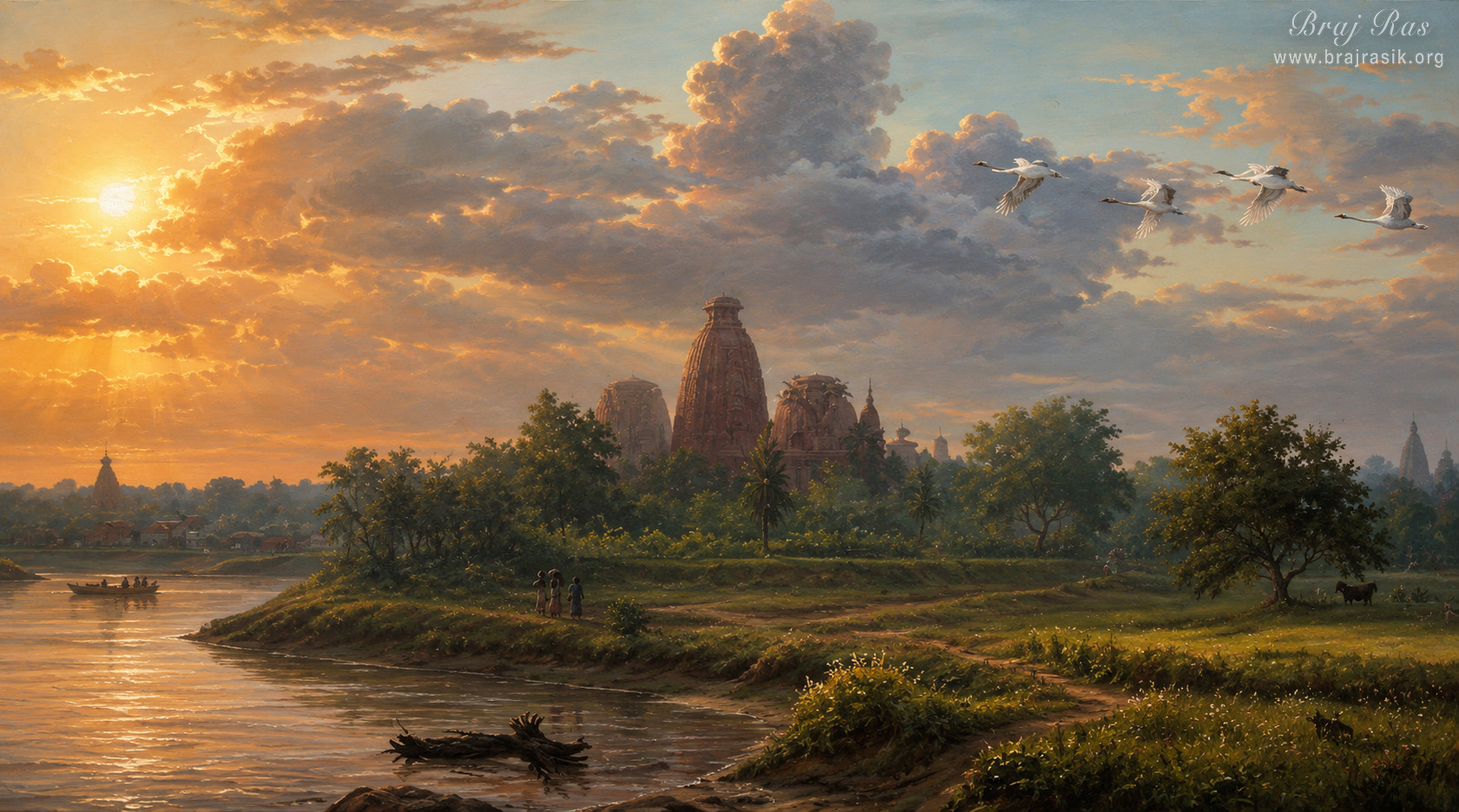 Landscape scenery of Vrindavan.
A warm golden sunset illuminates the tranquil riverbanks, casting rich amber reflections across the calm water. Overhead, white swans soar past sun lit clouds while a small boat glides along the shore. Framed by lush greenery, ancient temple spires rise quietly into the radiant evening sky.