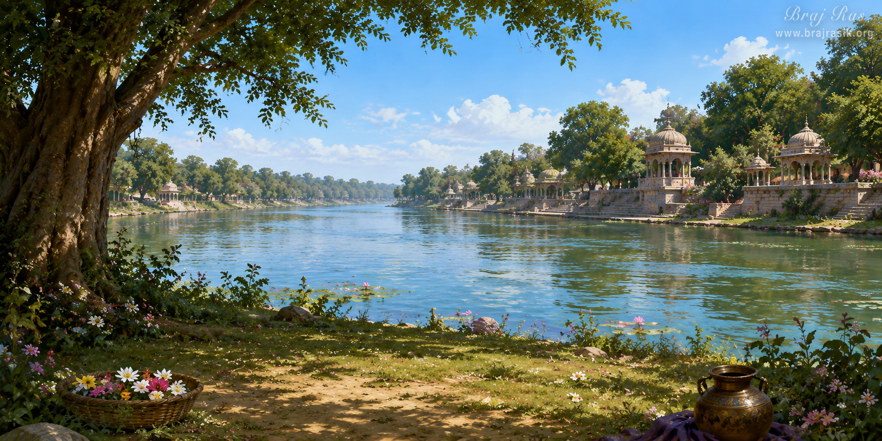 Landscape scenery of Braj Region.                                                                                Framed By the dappled shade of a large leafy tree, the wide, tranquil Yamuna River flows under a bright, cloud-dappled sky. Elaborate stone ghats with ornate pavilions line the lush, tree filled riverbank. In the foreground, a basket of colorful blossoms and a brass pot rest along the flower-dotted shore, highlighting the peaceful devotional atmosphere of Braj.