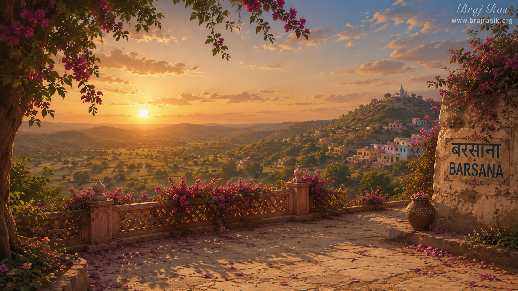 Landscape scenery of Barsana.
Bathed in a glowing golden sunset, a stone terrace draped in vibrant pink bougainvillea overlooks the rolling green hills of Barsana. A stone wall prominently displays the town name in Devanagari and English while scattered petals rest on the warm floor. In the distance, pastel village buildings climb the hillside toward a sacred white temple crowning the peak.