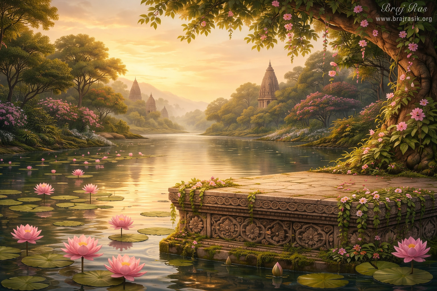 Landscape scenery of bank of Yamuna, Vrindavan.
A golden light casts a warm glow over the tranquil Yamuna River in Vrindavan, where vibrant pink lotuses bloom gracefully in the calm waters. An intricately carved stone platform rests at the edge of the river, framed by an ancient tree draped with delicate pink blossoms. In the hazy distance, lush green forests and majestic temple spires rise along the misty shoreline to create a deeply serene and mystical atmosphere.