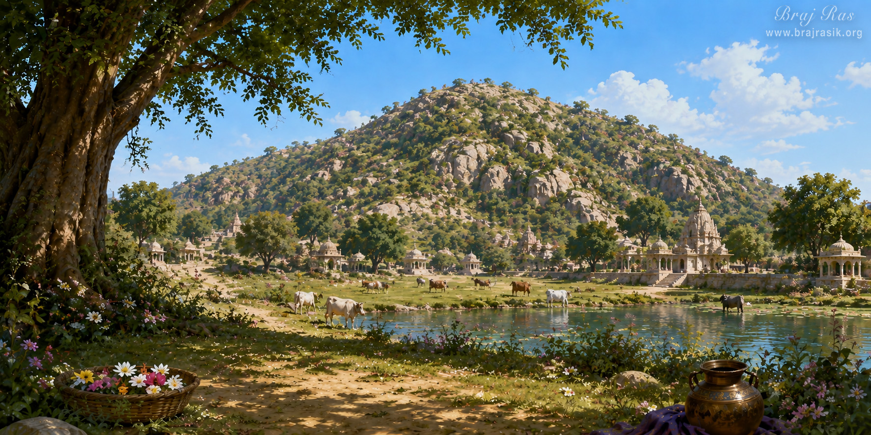 Landscape scenery of Govardhan.
Framed by the shade of a large leafy tree, cows graze peacefully along the grassy banks of a serene pond dotted with water lilies. Elegant stone chhatris and ornate temples line the water's edge, creating a sacred atmosphere. In the foreground, a basket of colorful blossoms and a brass pot rest on the meadow, while the majestic, rocky slopes of Govardhan Hill rise grandly beneath a soft blue sky.