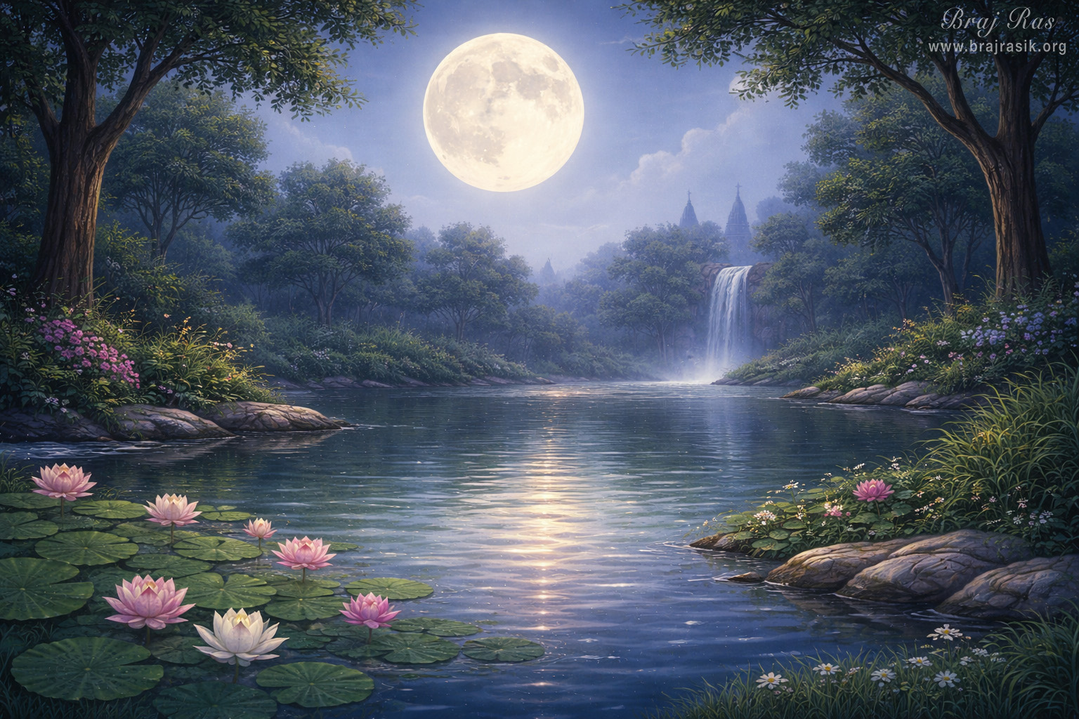 Landscape scenery of Bank of Yamuna in full moonlight.
Under a luminous full moon, a soft silver light bathes the calm waters of the Yamuna River, casting a brilliant shimmering reflection. Pink and white lotuses float gracefully among lily pads along the flowering banks, framed by leafy trees on either side. In the background, a gentle waterfall cascades into the river while distant temple spires rise softly amidst the tranquil forest.