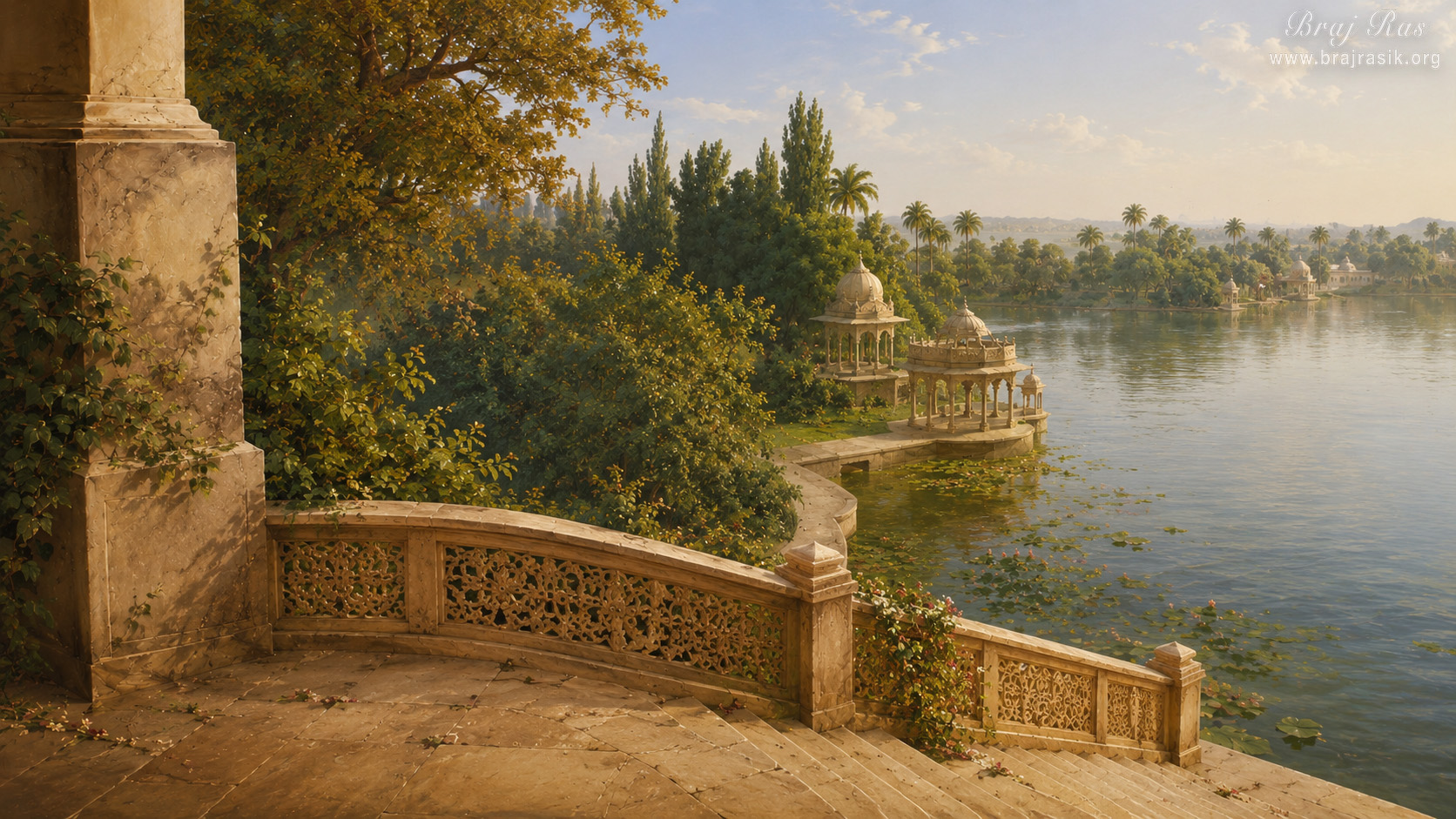 Landscape scenery of Braj region.
Bathed in warm golden sunlight, an elevated marble balcony with intricately carved stone railings leads down toward the edge of a serene lake. Domed stone pavilions sit peacefully along a curved promenade fringed with lily pads and lush green trees. In the distance, gentle palm trees and distant structures line the far shore beneath a clear, airy sky, creating a peaceful, timeless atmosphere.