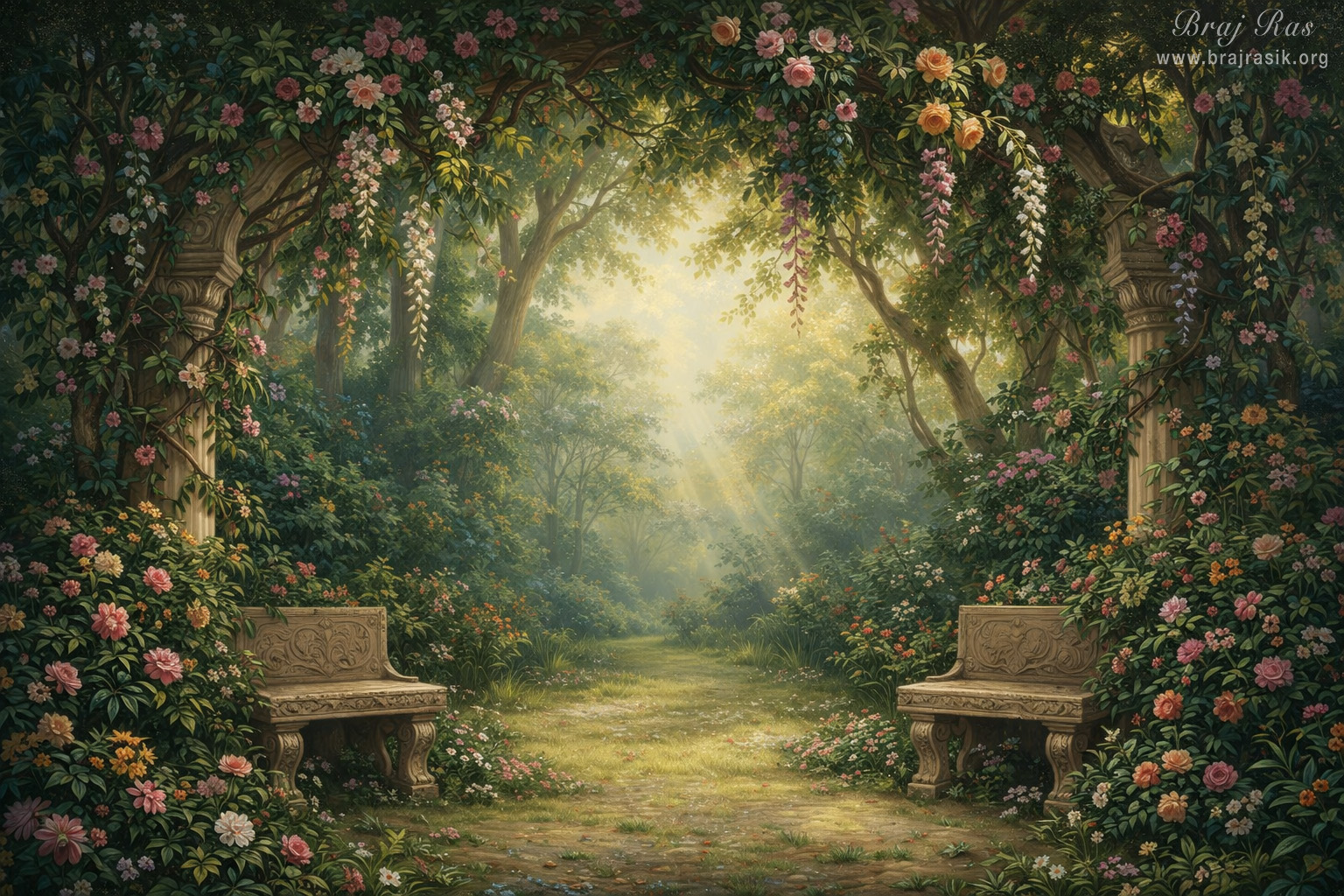 Landscape scenery of a grove of Braj.
Soft sunbeams stream through a lush forest canopy, illuminating a path inside a enchanting grove. Carved stone archways and two ornamental stone benches sit on either side of the walkway, surrounded by dense greenery and vibrant pink, yellow, and white blossoms hanging overhead and blooming along the ground. The ethereal golden light creates a deeply tranquil, magical atmosphere.