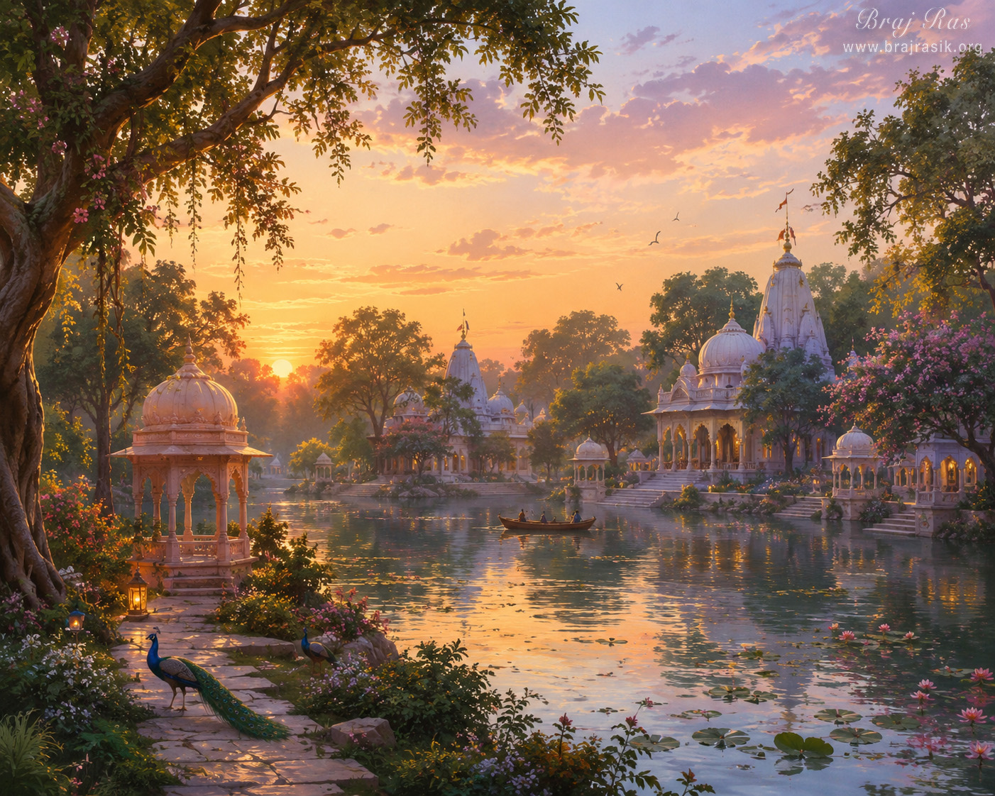 Landscape scenery of Braj region with a lake.
A radiant golden sunset reflects off the tranquil waters of a serene lake, where peacocks stroll along a stone path beside a domed pavilion. Ornate white temples with classic spires and stone ghats line the water's edge, surrounded by flowering trees and lush greenery. In the mid-ground, a small boat gently glides across the glowing water, enhancing the peaceful, divine atmosphere.