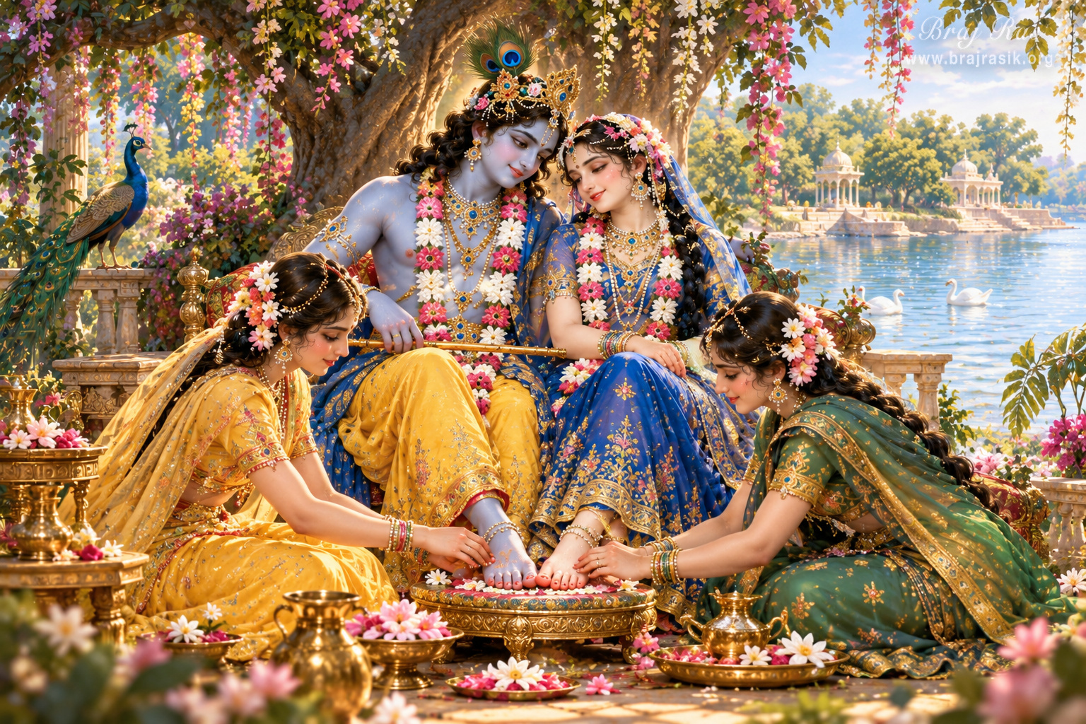 सखियाँ दिव्य युगल के चरण-कमलों की सेवा कर रही हैं, जिसमें दोनों ओर एक-एक सखी एक साथ श्री राधा और श्री कृष्ण के चरणों की सेवा कर रही है, जबकि वे प्रेम-लीलाओं का आनंद ले रहे हैं।