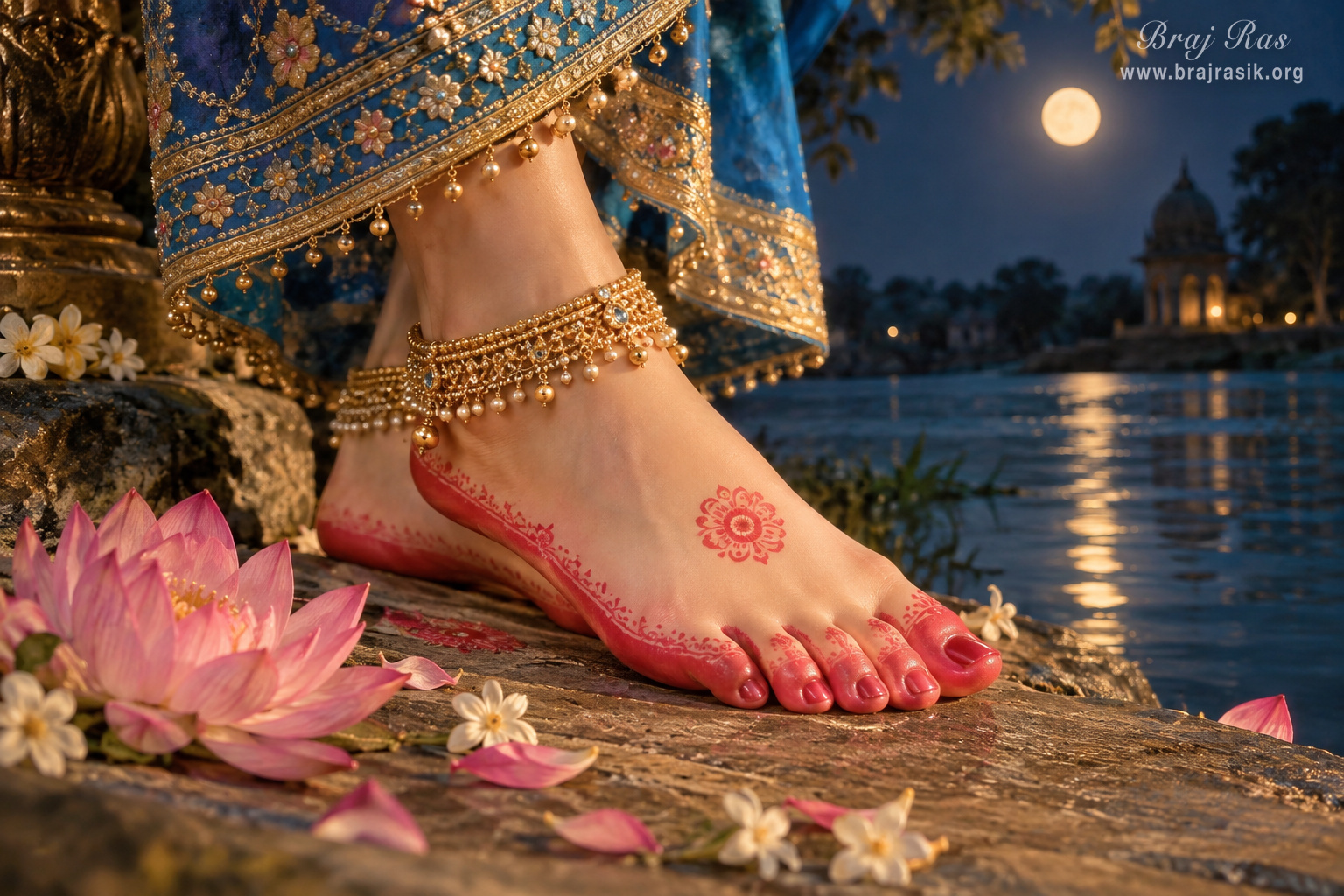 Śrī Rādhā's lotus feet on the bank of the Yamunā in full moonlight at Vṛndāvana, decorated with āltā, red nail polish, and an anklet.