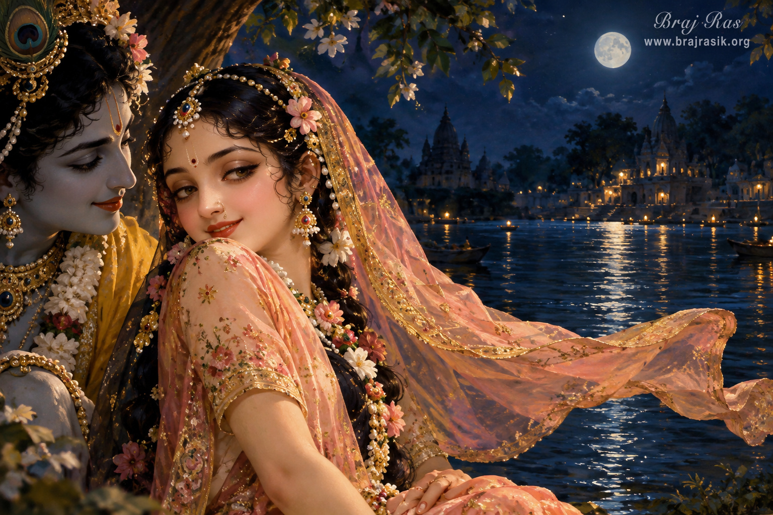 Śrī Rādhā is looking through the corner of Her eyes, and Śrī Kṛṣṇa is looking at Her, on the bank of the Yamunā in full moonlight.