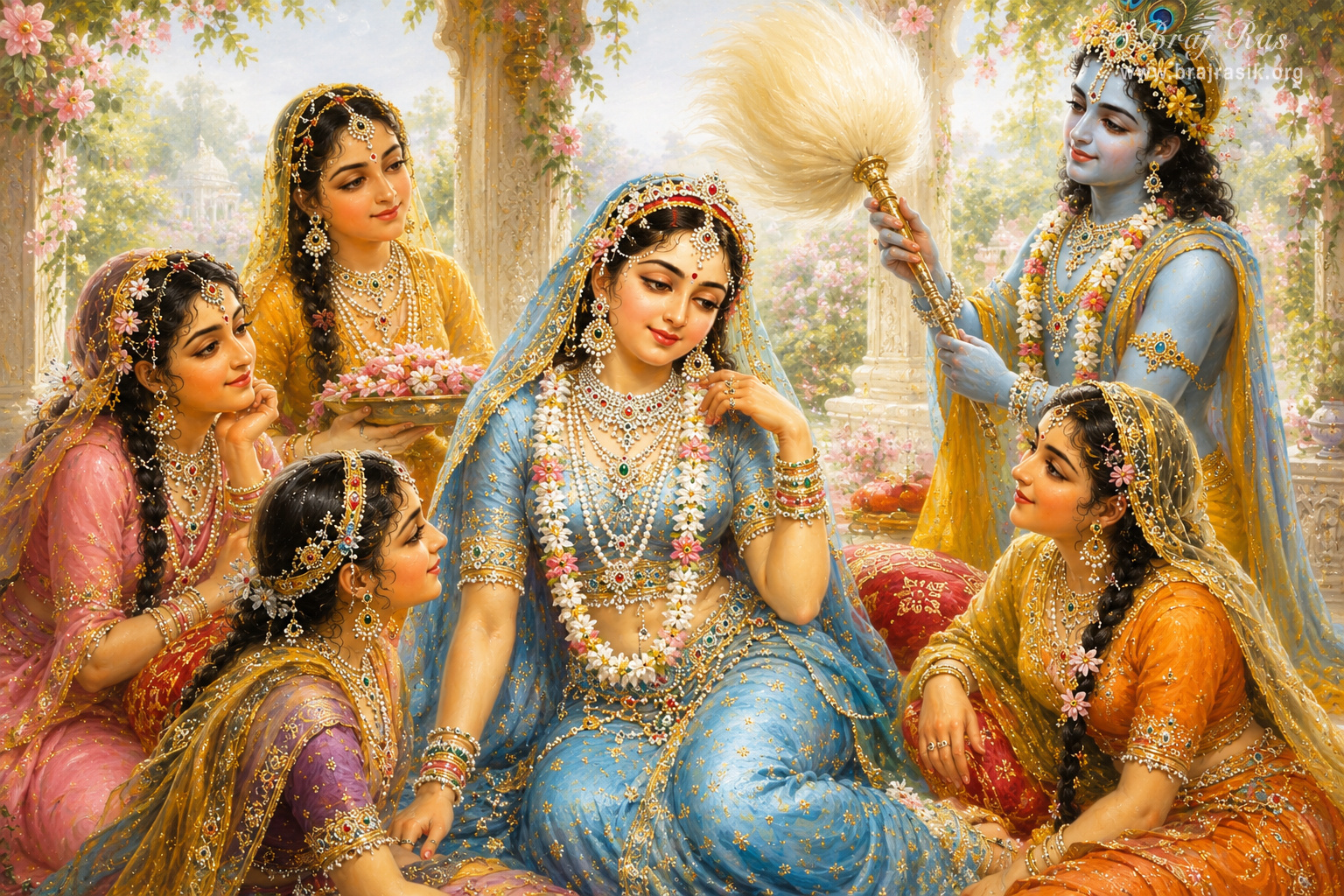 A daytime portrait of Śrī Kṛṣṇa fanning Śrī Rādhā, with all the sakhīs looking at Śrī Rādhā unblinkingly.