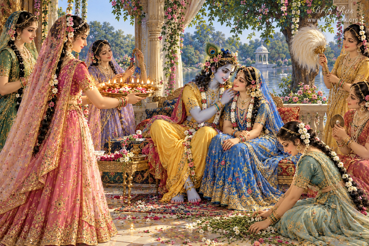 Sakhīs performing āratī of the divine couple, Śrī Rādhā Kṛṣṇa.
