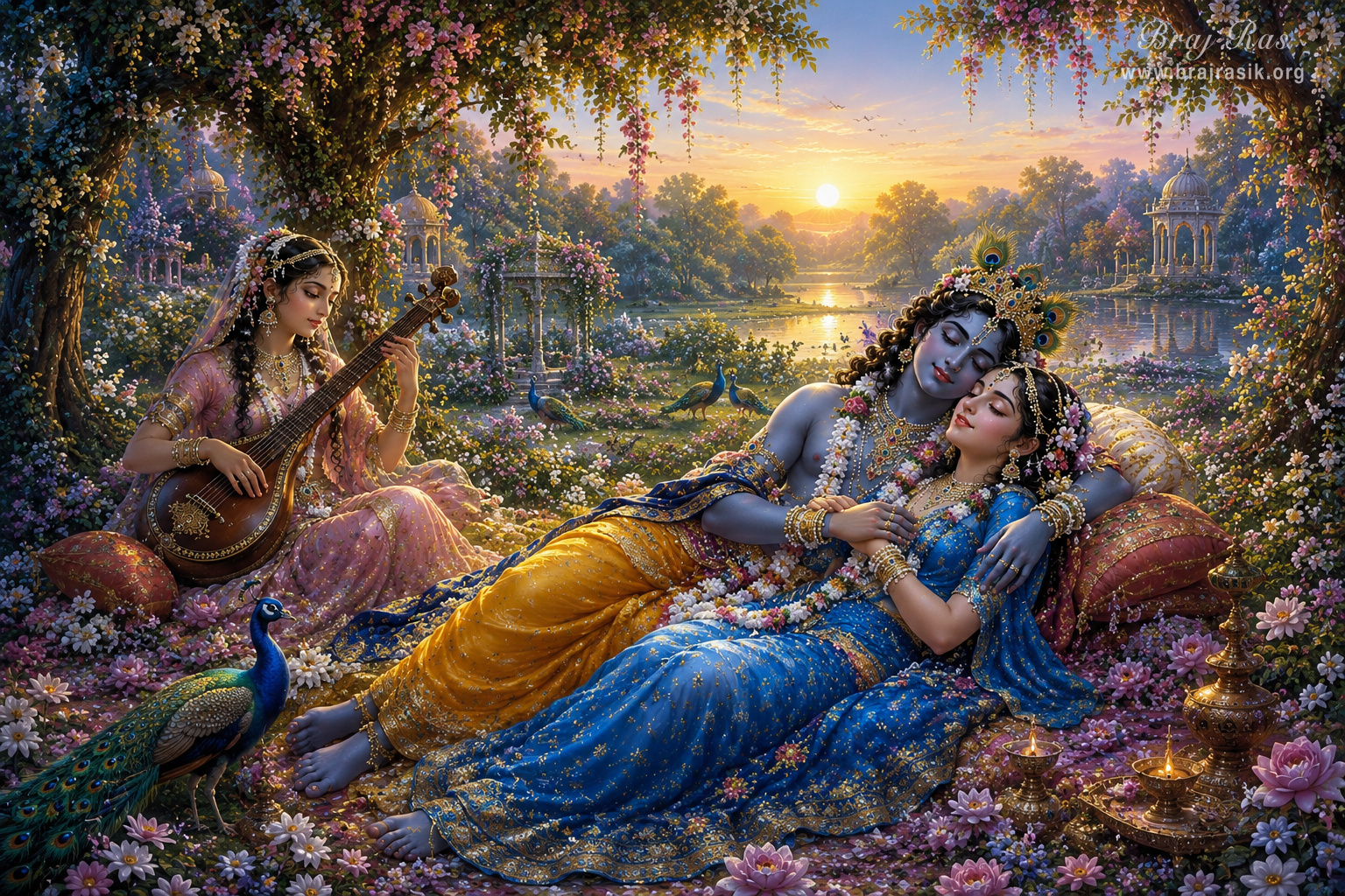 Śrī Rādhā-Kṛṣṇa are resting upon a bed of flowers, and Śrī Lalitā Jī is pleasing Them by singing a beautiful rāga.