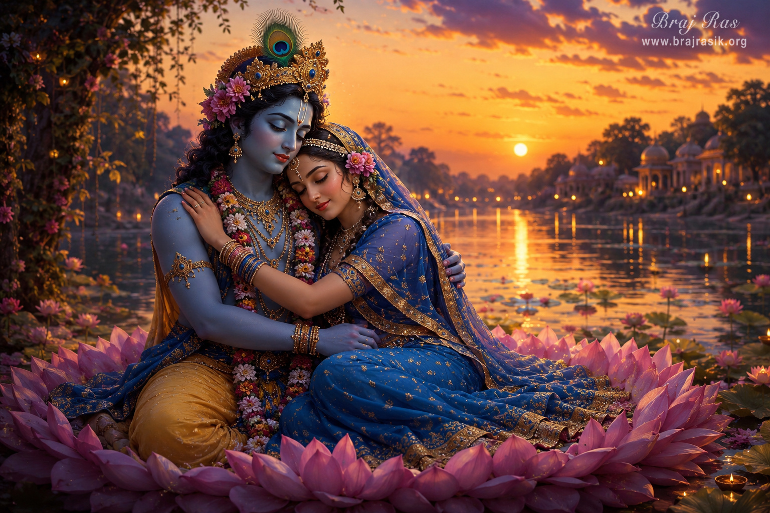 Śrī Rādhā-Kṛṣṇa rest, embracing each other, on a lotus-like bed on the banks of the Yamunā in Vṛndāvana.