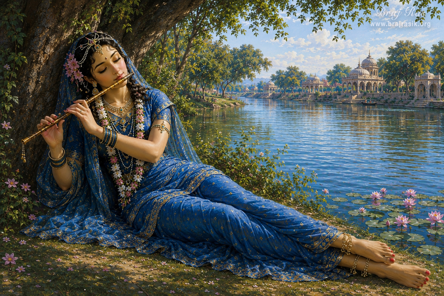 वृंदावन में यमुना के तट पर बांसुरी बजाती हुई श्री राधा।