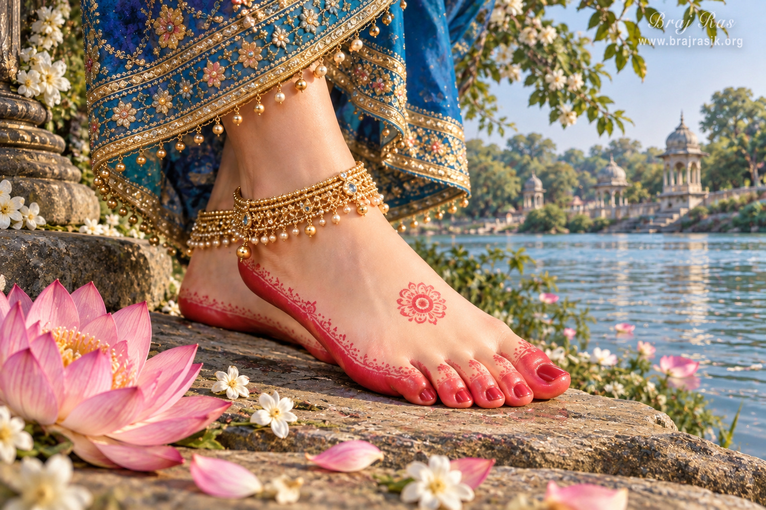 वृन्दावन में यमुना तट पर आलता, लाल नेल पॉलिश और नूपुर से सुसज्जित श्री राधा के चरण-कमल।