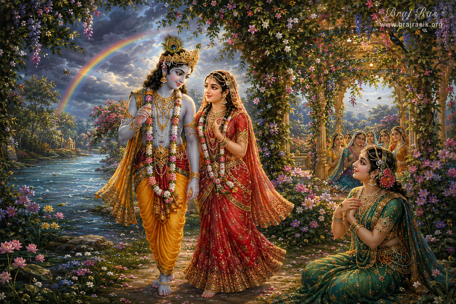 वृंदावन में यमुना तट पर एक साथ विहार करते दिव्य युगल के आनंद का आस्वादन करती हुई एक सखी।