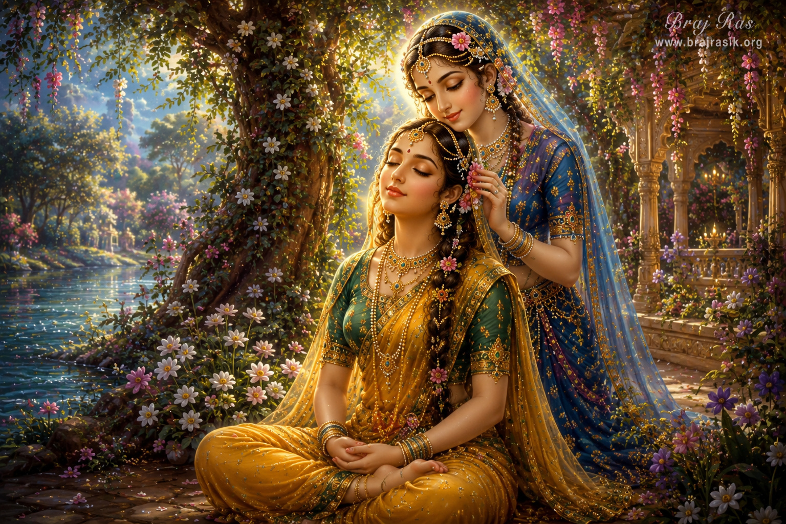 A sakhī is meditating on Śrī Rādhā, and Śrī Rādhā is standing just behind her.