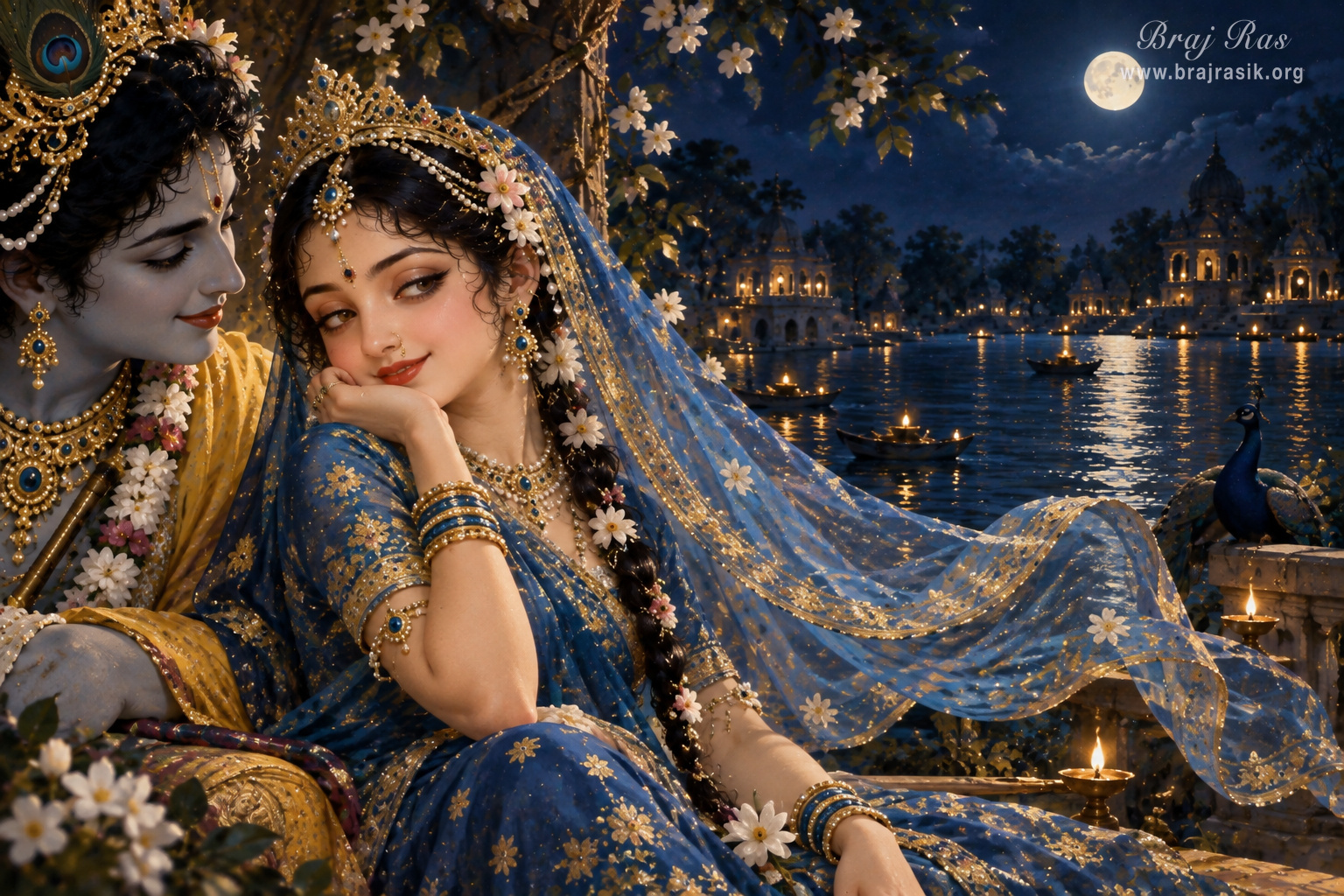 Śrī Rādhā is looking through the corner of Her eyes, and Śrī Kṛṣṇa is looking at Her, on the bank of the Yamunā in full moonlight.