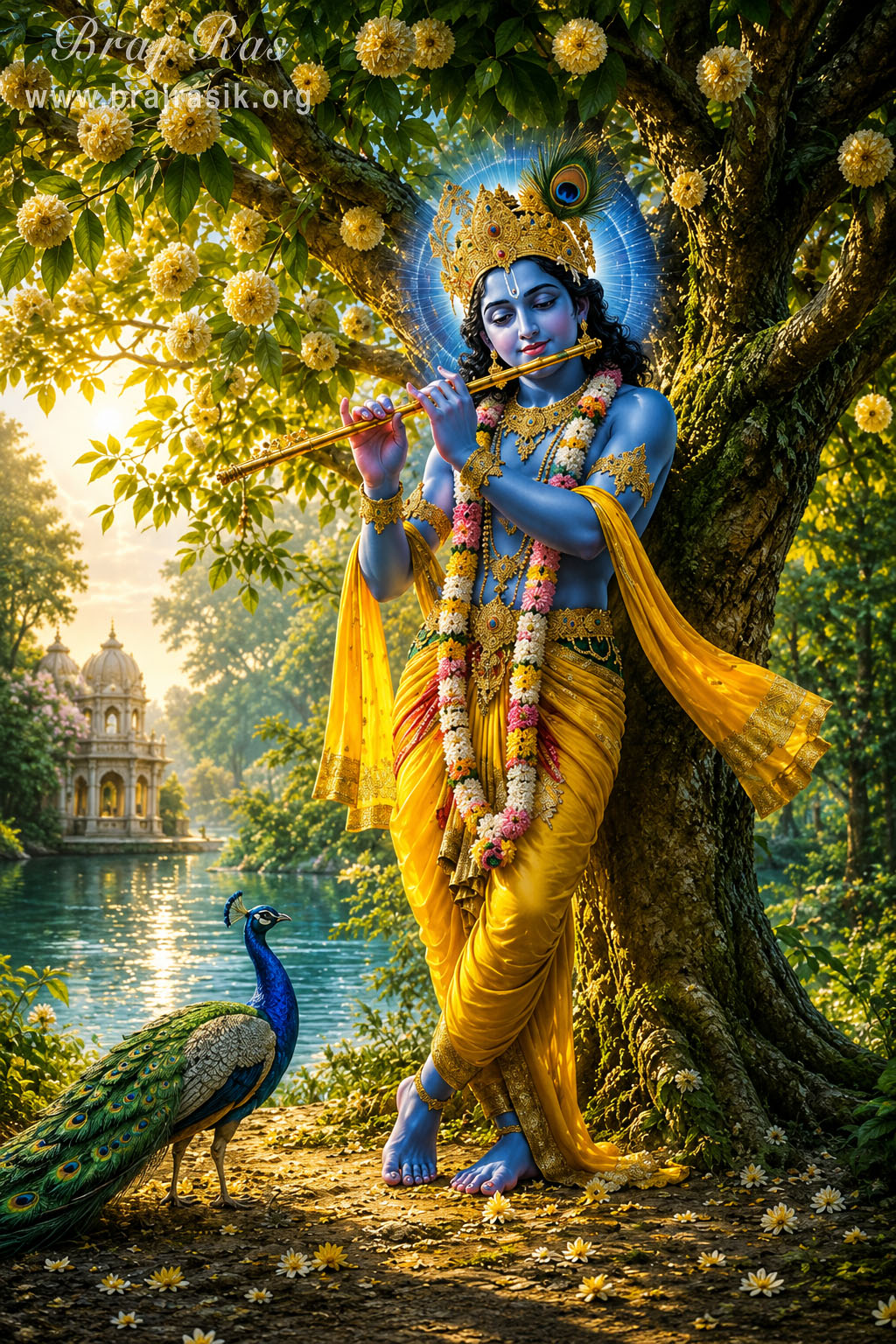 वृन्दावन में कदम्ब वृक्ष के नीचे खड़े श्रीकृष्ण, जिन्हें एक मोर एकटक निहार रहा है।