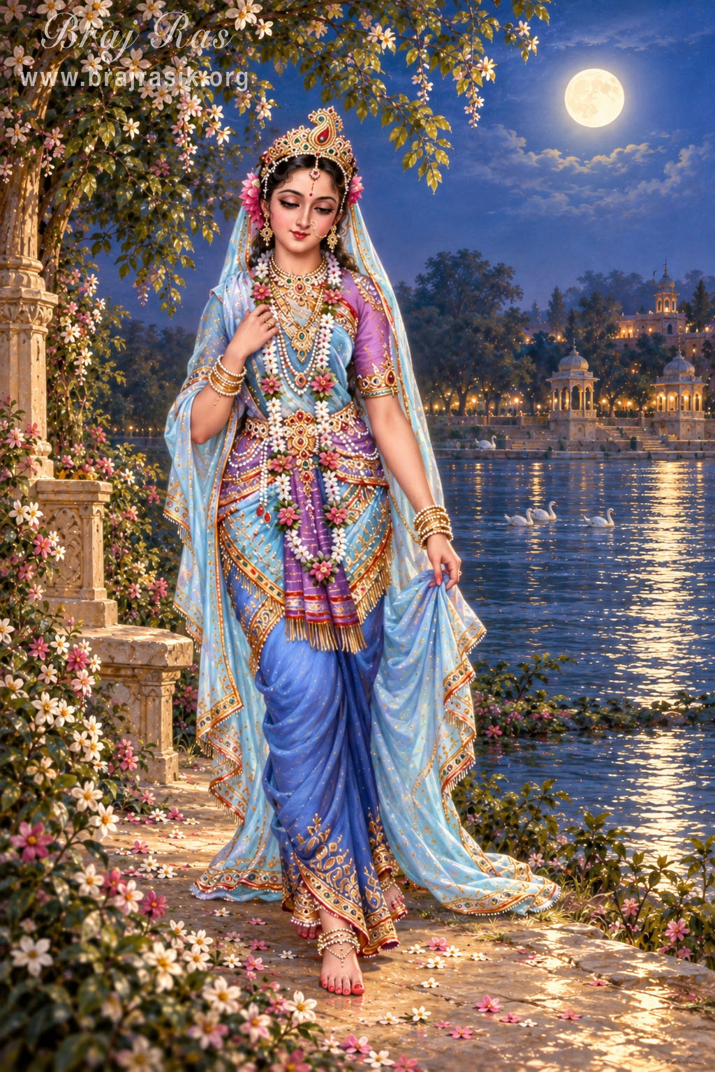 Śrī Rādhā gracefully walking along the bank of the Yamunā in Vṛndāvana.