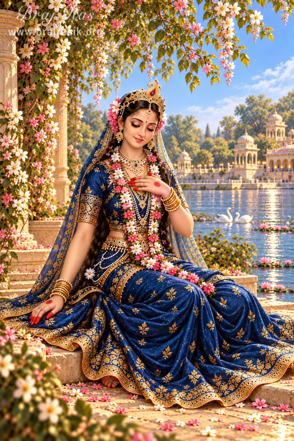 Śrī Rādhā dressed in blue, with the Yamunā flowing behind Her in the gentle morning light.
