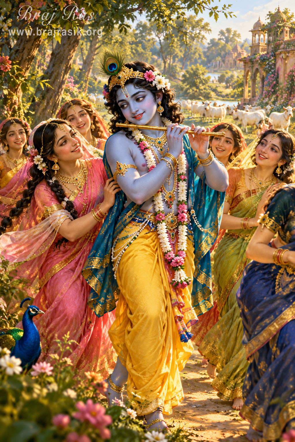 श्रीकृष्ण जहाँ-जहाँ जाते हैं, वहाँ-वहाँ उनके पीछे आनन्दपूर्वक दौड़ती हुईं गोपियाँ।