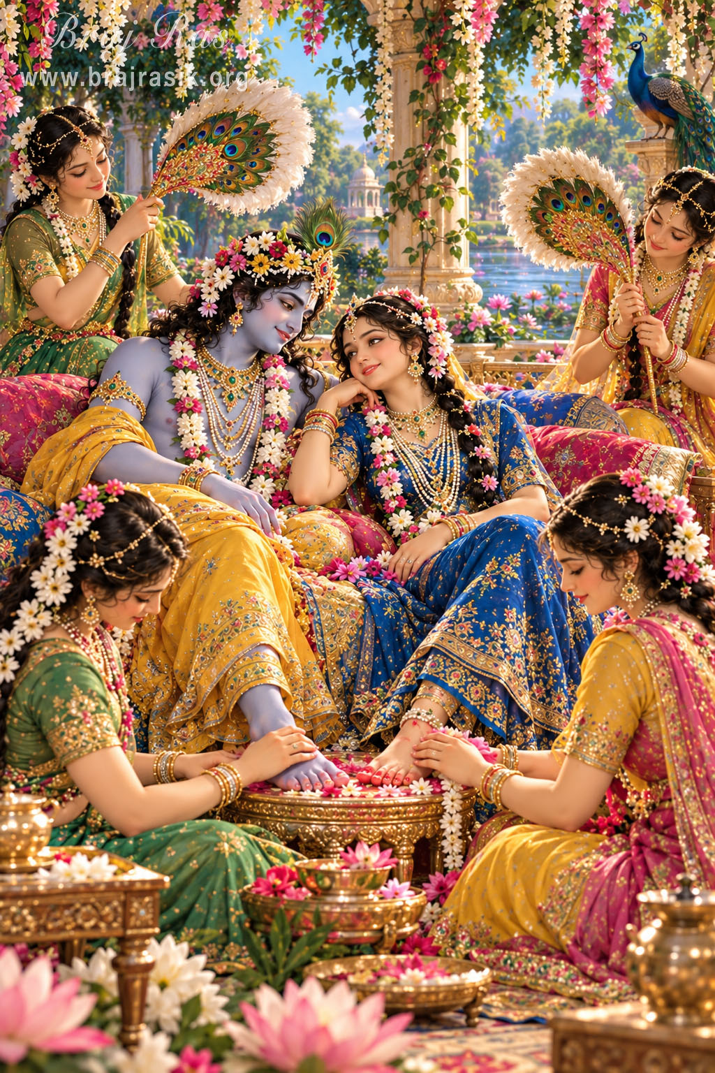 Sakhīs lovingly serving Śrī Rādhā and Śrī Kṛṣṇa, with two waving flywhisks and two gently massaging Their lotus feet, one on each side.