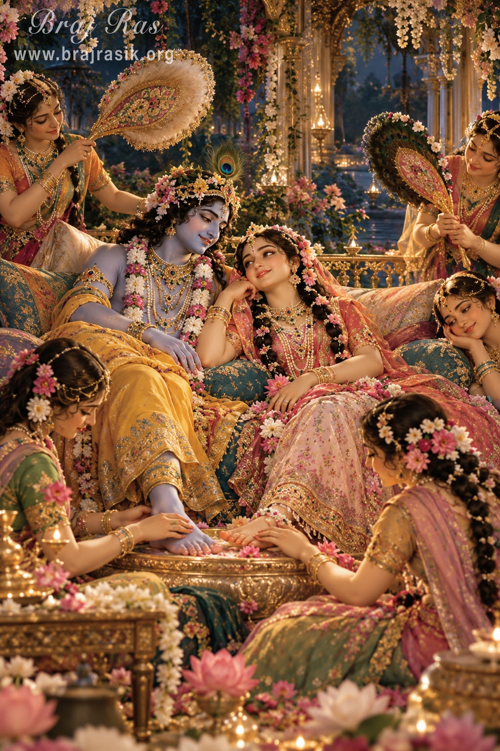 The Divine Couple, Śrī Rādhā and Śrī Kṛṣṇa, resting in Their Nikuñja Mahala, surrounded by sakhīs lovingly serving Them from all sides.