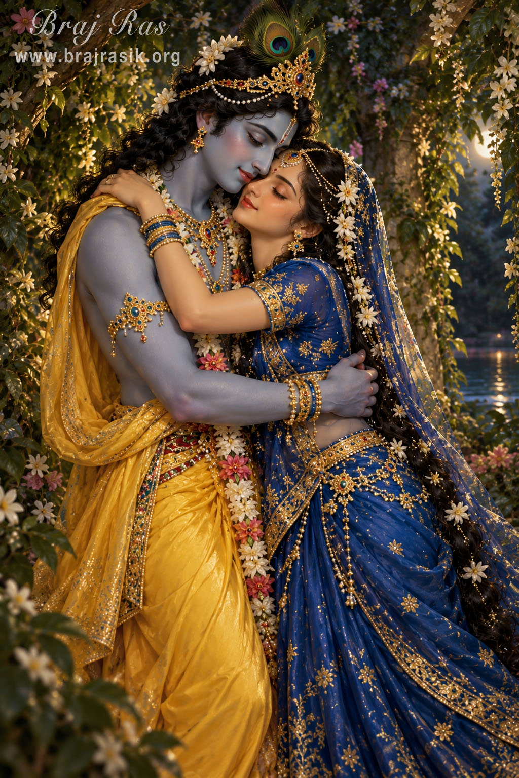 Śrī Rādhā and Śrī Kṛṣṇa lovingly embracing each other in the kuñjas of Vṛndāvana.