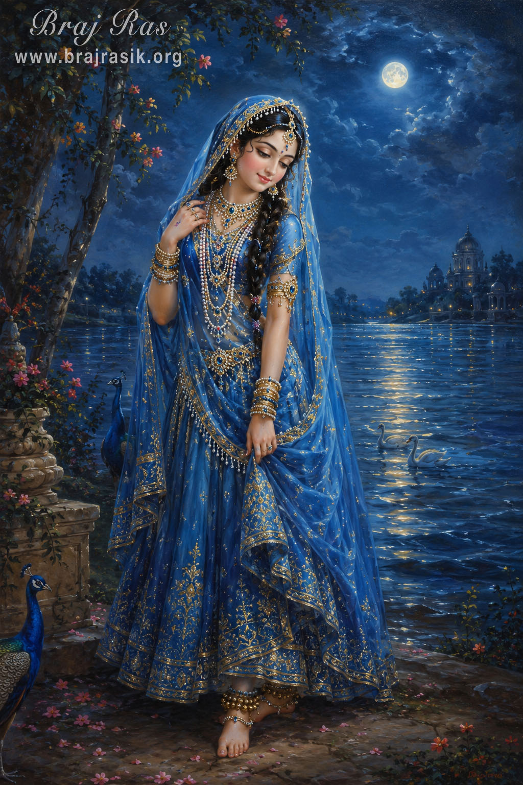 Śrī Rādhā dressed in blue on the bank of the Yamunā in Vṛndāvana.
