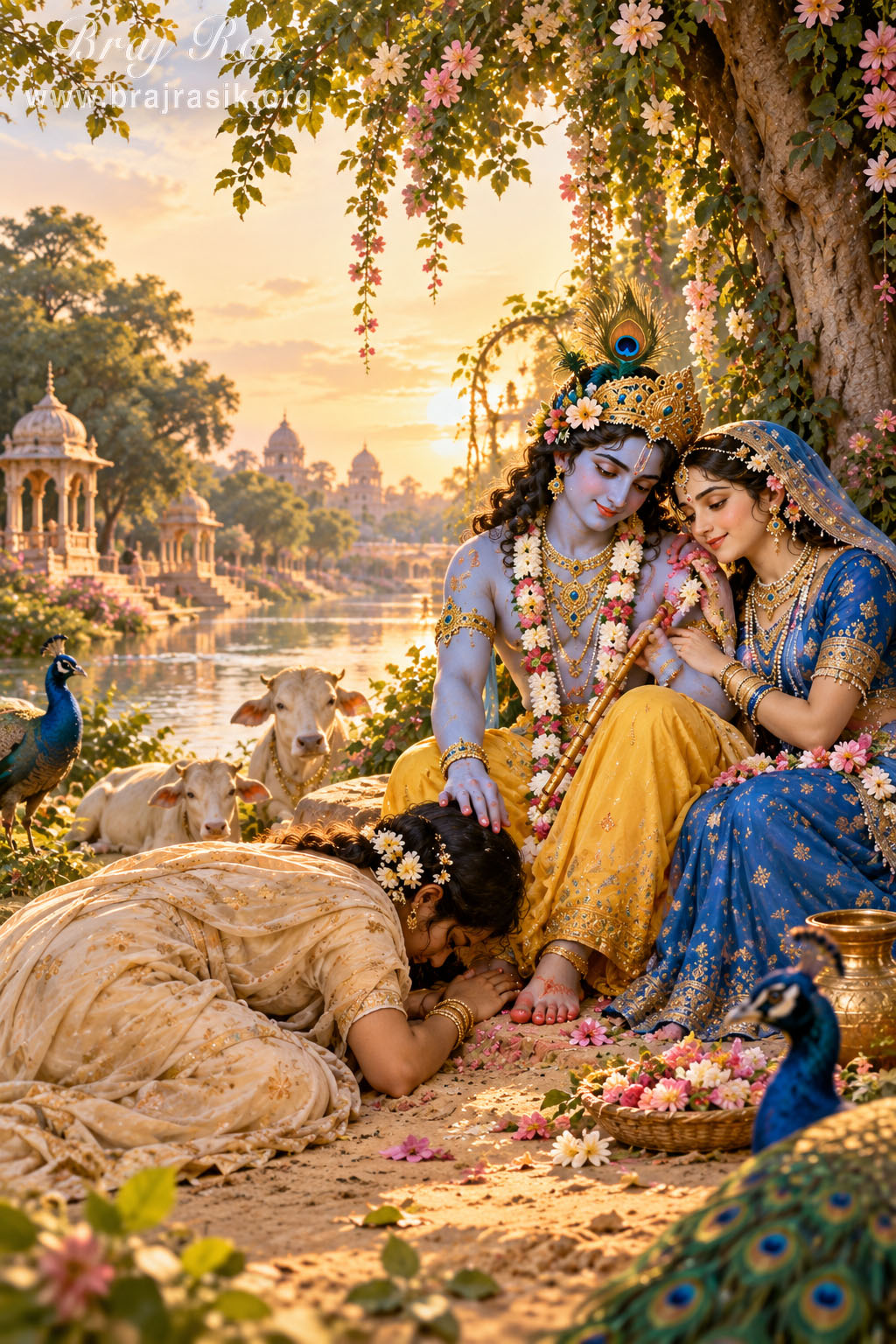 A sakhī bowing at the lotus feet of the Divine Couple, while Śrī Kṛṣṇa places His hand upon her head.