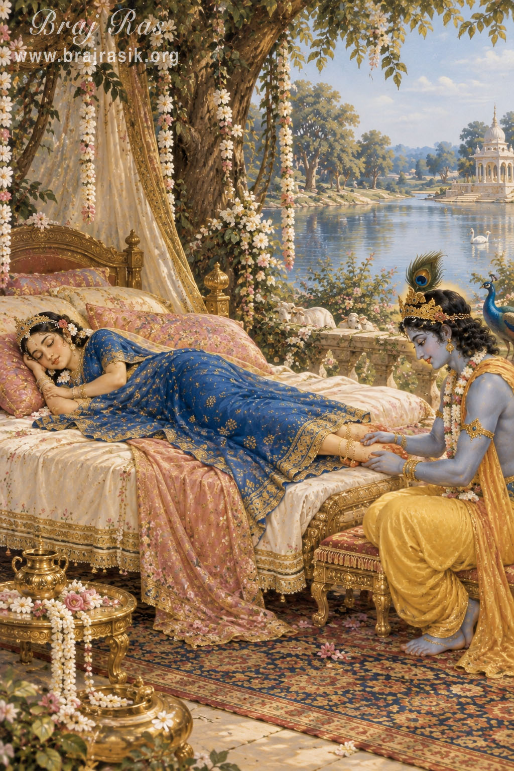 Śrī Kṛṣṇa gently massaging the lotus feet of Śrī Rādhā as She rests.