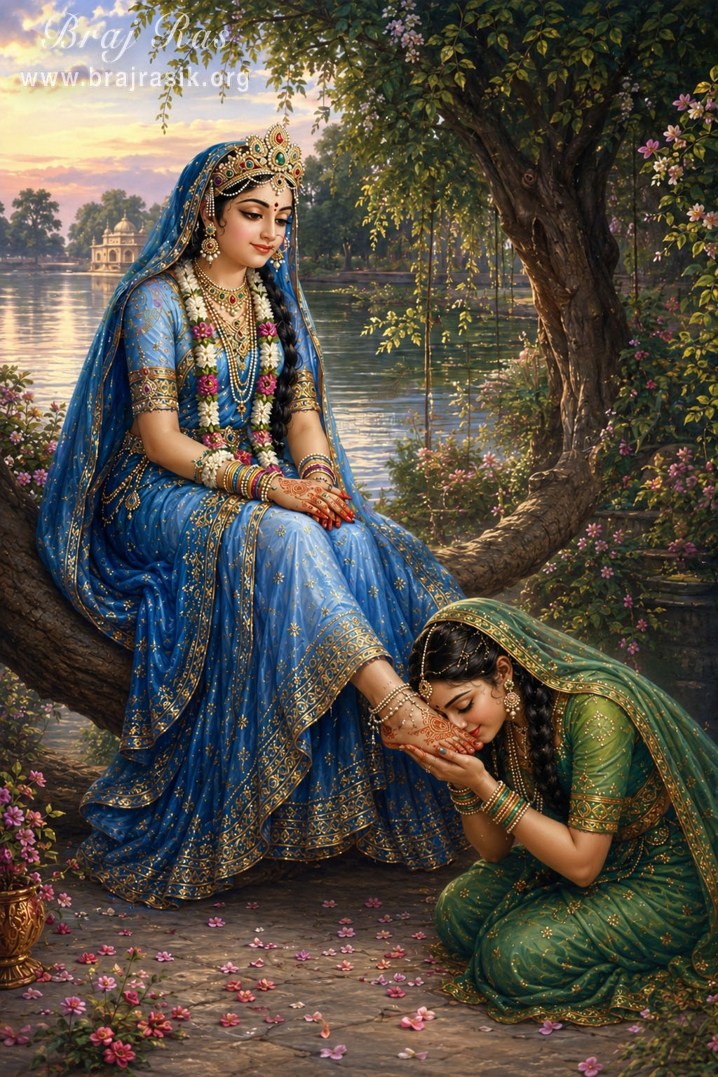 A sakhī gracefully prostrating at the lotus feet of Śrī Rādhā, touching her forehead to Her feet.