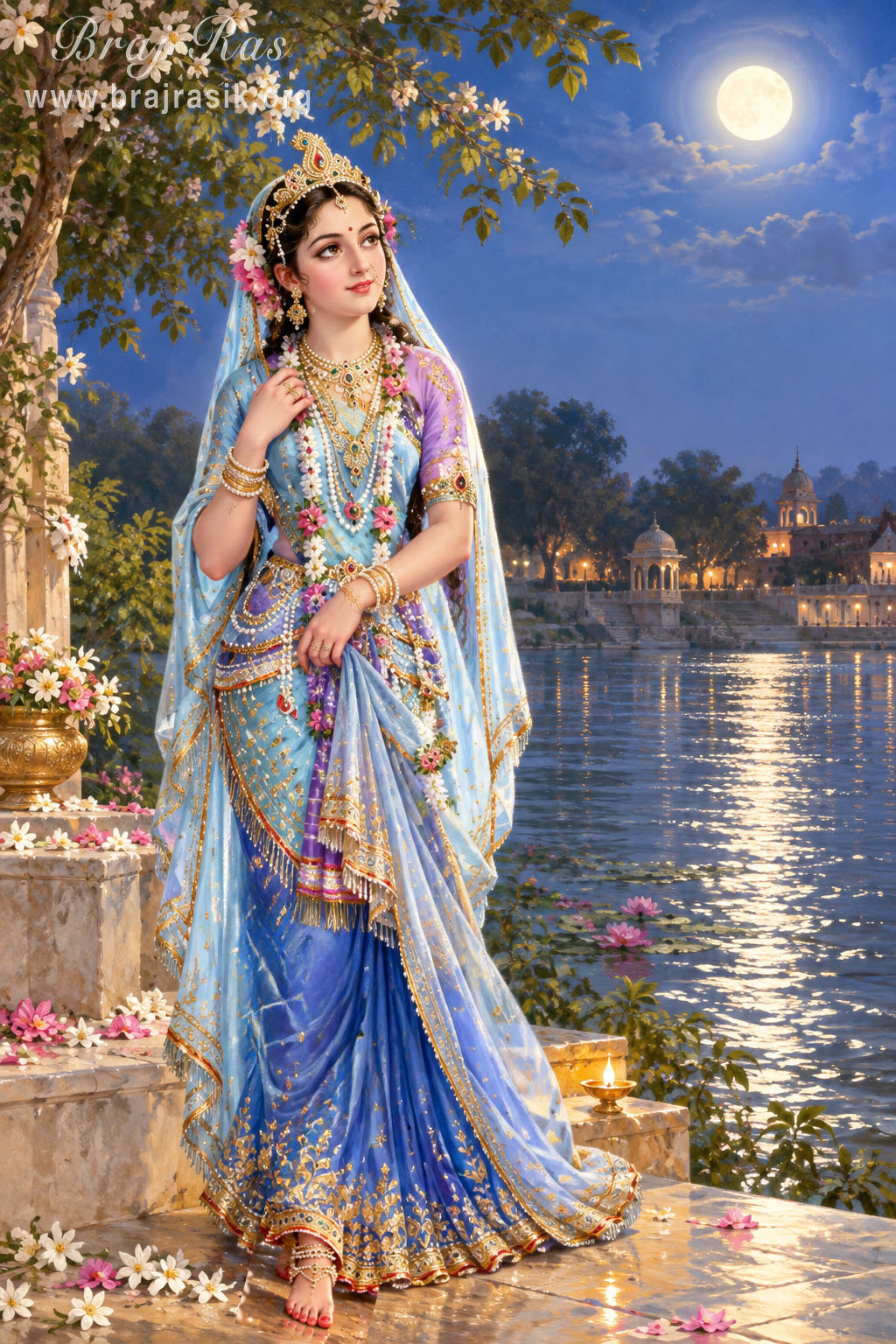 Śrī Rādhā glancing towards the moon on the bank of the Yamunā, Vṛndāvana.